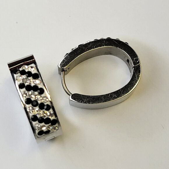 Silver and Black Rhinestone Huggie Hoops Earrings - Picture 14 of 16